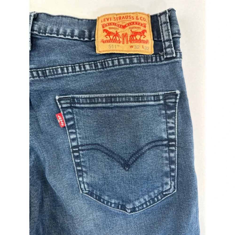 Levi's 511 Slim Fit Stretch Jeans Mens W32 L32 Blue‎ Denim Five Pocket Whiskers